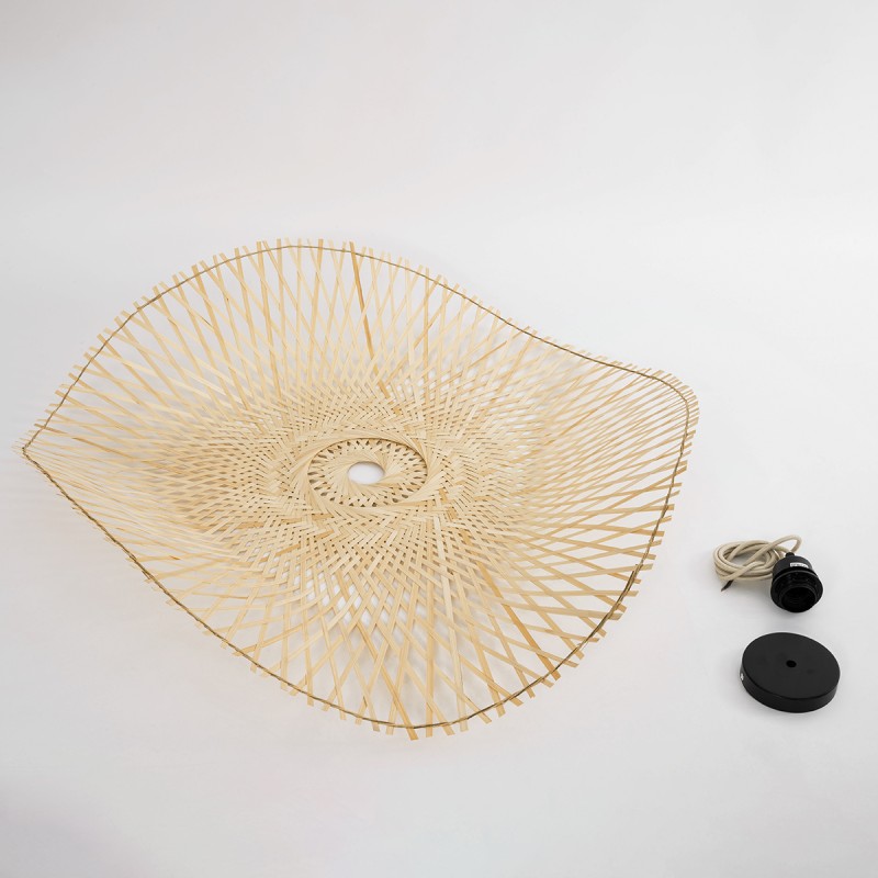 GloboStar® MELEMELE 01841 Boho Κρεμαστό Φωτιστικό Πλέγμα Μονόφωτο 1 x E27 IP20 Μπεζ Ξύλο - Μ75 x Π75 x Υ10cm