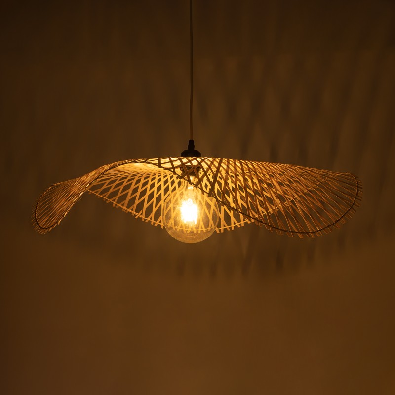 GloboStar® MELEMELE 01841 Boho Κρεμαστό Φωτιστικό Πλέγμα Μονόφωτο 1 x E27 IP20 Μπεζ Ξύλο - Μ75 x Π75 x Υ10cm