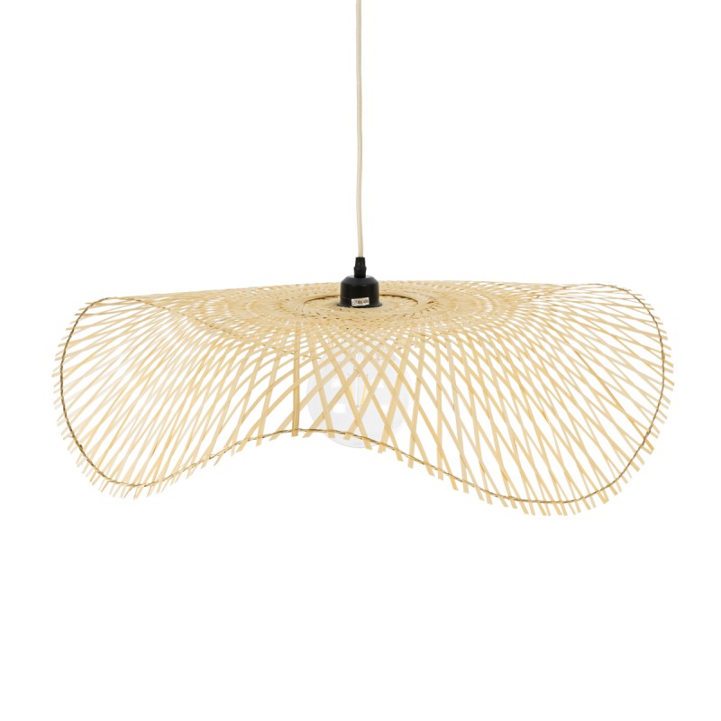 GloboStar® MELEMELE 01841 Boho Κρεμαστό Φωτιστικό Πλέγμα Μονόφωτο 1 x E27 IP20 Μπεζ Ξύλο - Μ75 x Π75 x Υ10cm