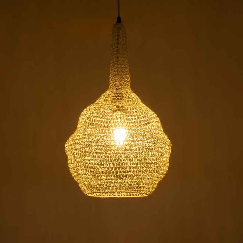 GloboStar® KENTUCKY 01880 Vintage Κρεμαστό Φωτιστικό Πλέγμα Μονόφωτο 1 x E27 IP20 Μπεζ Μέταλλο - Μ30 x Π30 x Υ50cm