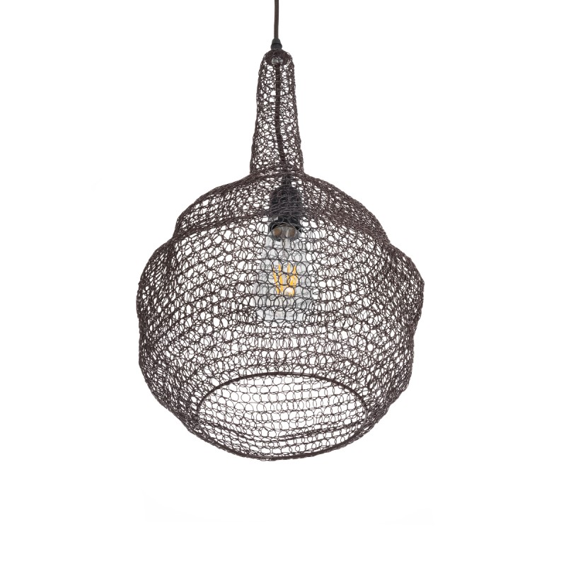 GloboStar® KENTUCKY 01881 Vintage Κρεμαστό Φωτιστικό Πλέγμα Μονόφωτο 1 x E27 IP20 Καφέ Μέταλλο - Μ30 x Π30 x Υ50cm