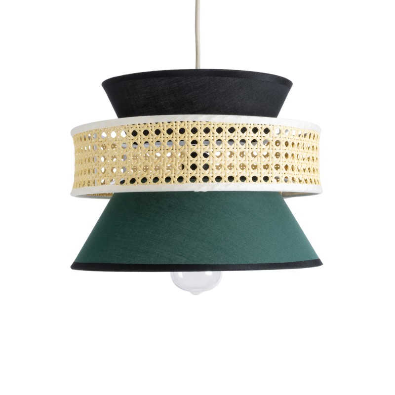 GloboStar® SAIGE 01915 Boho Κρεμαστό Φωτιστικό Πλέγμα Μονόφωτο 1 x E27 IP20 Μπεζ Ξύλο με Μαύρο & Πράσινο Ύφασμα - Μ30 x Π30 x Υ22cm