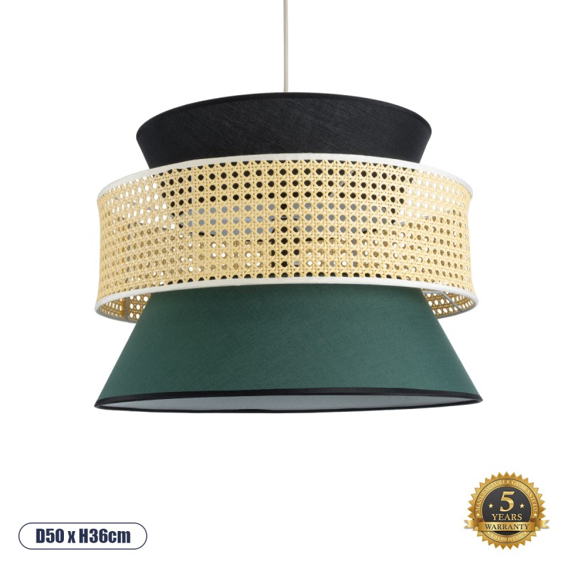 GloboStar® SAIGE 01916 Boho Κρεμαστό Φωτιστικό Πλέγμα Μονόφωτο 1 x E27 IP20 Μπεζ Ξύλο με Μαύρο & Πράσινο Ύφασμα - Μ50 x Π50 x Υ36cm