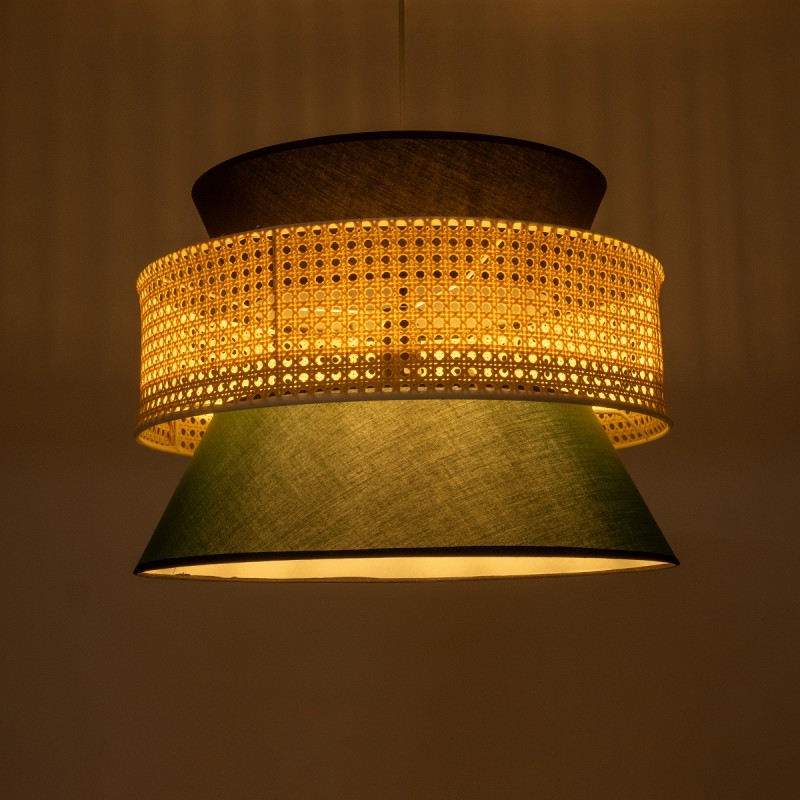 GloboStar® SAIGE 01916 Boho Κρεμαστό Φωτιστικό Πλέγμα Μονόφωτο 1 x E27 IP20 Μπεζ Ξύλο με Μαύρο & Πράσινο Ύφασμα - Μ50 x Π50 x Υ36cm