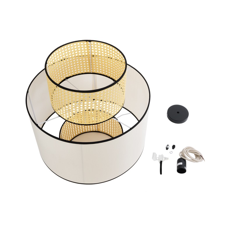 GloboStar® SAIGE 01917 Boho Κρεμαστό Φωτιστικό Πλέγμα Μονόφωτο 1 x E27 IP20 Μπεζ Ξύλο με Μπεζ & Μαύρο Ύφασμα - Μ50 x Π50 x Υ60cm