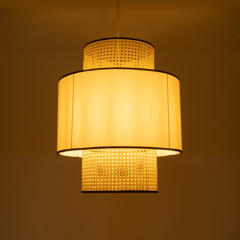 GloboStar® SAIGE 01917 Boho Κρεμαστό Φωτιστικό Πλέγμα Μονόφωτο 1 x E27 IP20 Μπεζ Ξύλο με Μπεζ & Μαύρο Ύφασμα - Μ50 x Π50 x Υ60cm