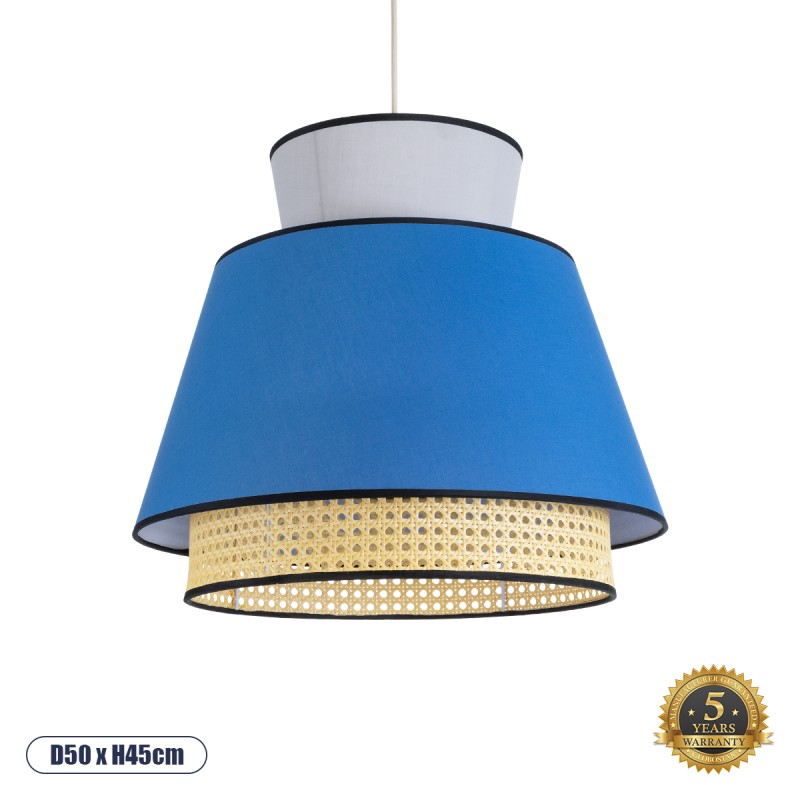 GloboStar® SAIGE 01918 Boho Κρεμαστό Φωτιστικό Πλέγμα Μονόφωτο 1 x E27 IP20 Μπεζ Ξύλο με Μπλε & Γκρι Ύφασμα - Μ50 x Π50 x Υ45cm