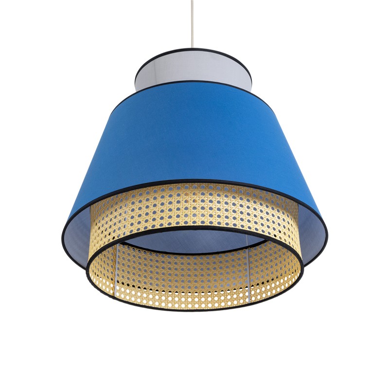 GloboStar® SAIGE 01918 Boho Κρεμαστό Φωτιστικό Πλέγμα Μονόφωτο 1 x E27 IP20 Μπεζ Ξύλο με Μπλε & Γκρι Ύφασμα - Μ50 x Π50 x Υ45cm