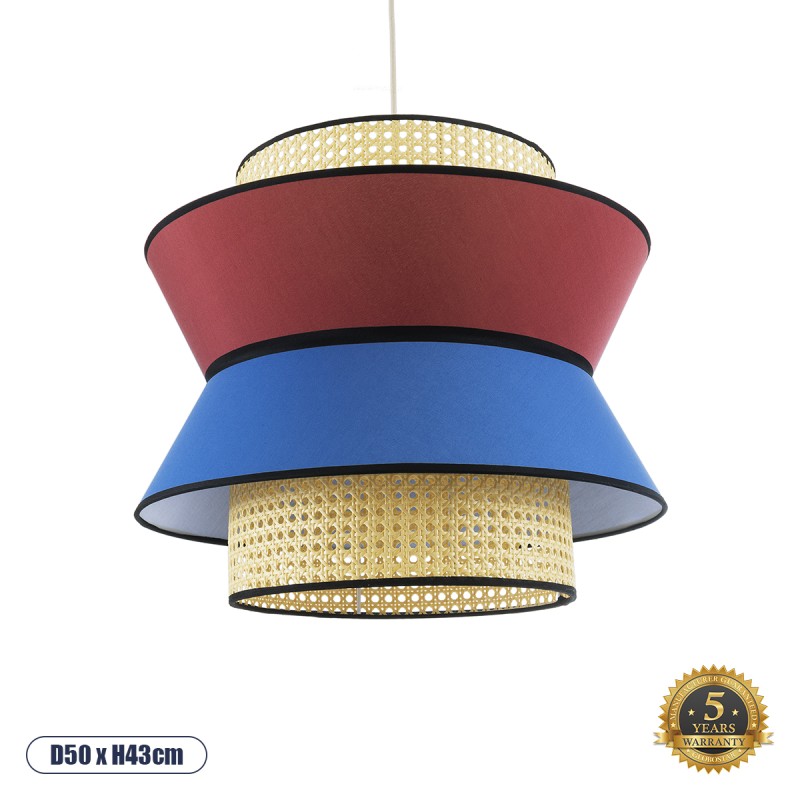 GloboStar® SAIGE 01919 Boho Κρεμαστό Φωτιστικό Πλέγμα Μονόφωτο 1 x E27 IP20 Μπεζ Ξύλο με Κόκκινο & Μπλε Ύφασμα - Μ50 x Π50 x Υ43cm