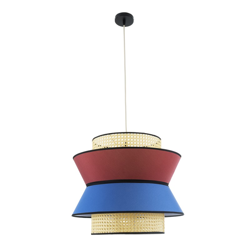 GloboStar® SAIGE 01919 Boho Κρεμαστό Φωτιστικό Πλέγμα Μονόφωτο 1 x E27 IP20 Μπεζ Ξύλο με Κόκκινο & Μπλε Ύφασμα - Μ50 x Π50 x Υ43cm