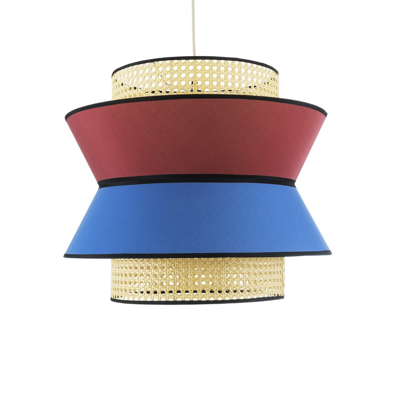 GloboStar® SAIGE 01919 Boho Κρεμαστό Φωτιστικό Πλέγμα Μονόφωτο 1 x E27 IP20 Μπεζ Ξύλο με Κόκκινο & Μπλε Ύφασμα - Μ50 x Π50 x Υ43cm