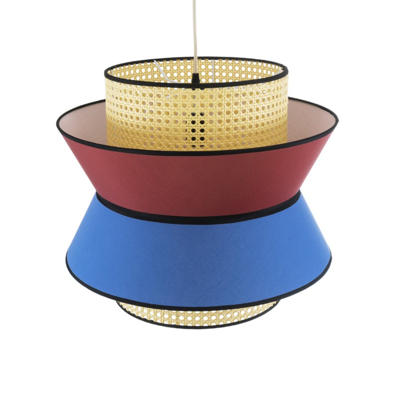 GloboStar® SAIGE 01919 Boho Κρεμαστό Φωτιστικό Πλέγμα Μονόφωτο 1 x E27 IP20 Μπεζ Ξύλο με Κόκκινο & Μπλε Ύφασμα - Μ50 x Π50 x Υ43cm