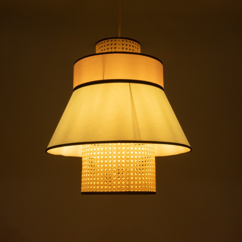 GloboStar® SAIGE 01920 Boho Κρεμαστό Φωτιστικό Πλέγμα Μονόφωτο 1 x E27 IP20 Μπεζ Ξύλο με Πολύχρωμο Ύφασμα - Μ50 x Π50 x Υ54cm