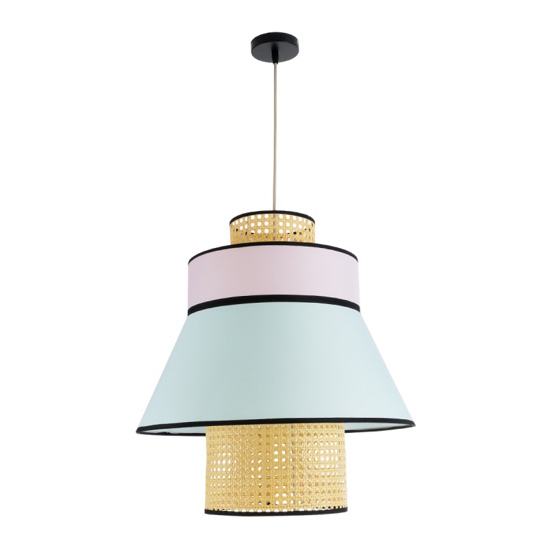 GloboStar® SAIGE 01920 Boho Κρεμαστό Φωτιστικό Πλέγμα Μονόφωτο 1 x E27 IP20 Μπεζ Ξύλο με Πολύχρωμο Ύφασμα - Μ50 x Π50 x Υ54cm