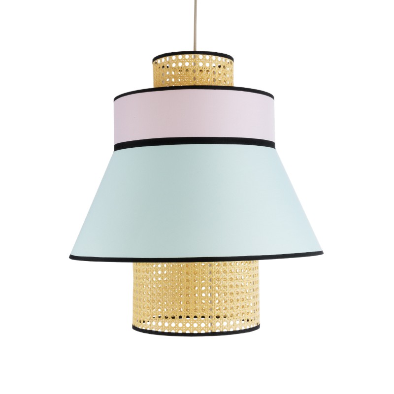 GloboStar® SAIGE 01920 Boho Κρεμαστό Φωτιστικό Πλέγμα Μονόφωτο 1 x E27 IP20 Μπεζ Ξύλο με Πολύχρωμο Ύφασμα - Μ50 x Π50 x Υ54cm