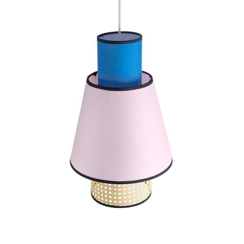 GloboStar® SAIGE 01921 Boho Κρεμαστό Φωτιστικό Πλέγμα Μονόφωτο 1 x E27 IP20 Μπεζ Ξύλο με Μπλε & Ροζ Ύφασμα - Μ30 x Π30 x Υ48cm