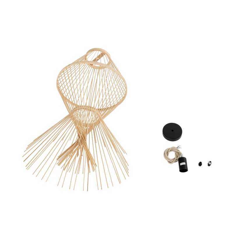 GloboStar® YOSHI 01928 Boho Κρεμαστό Φωτιστικό Πλέγμα Μονόφωτο 1 x E27 IP20 Μπεζ Ξύλο - Μ35 x Π35 x Υ60cm