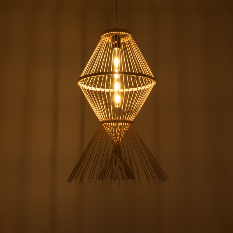 GloboStar® YOSHI 01928 Boho Κρεμαστό Φωτιστικό Πλέγμα Μονόφωτο 1 x E27 IP20 Μπεζ Ξύλο - Μ35 x Π35 x Υ60cm