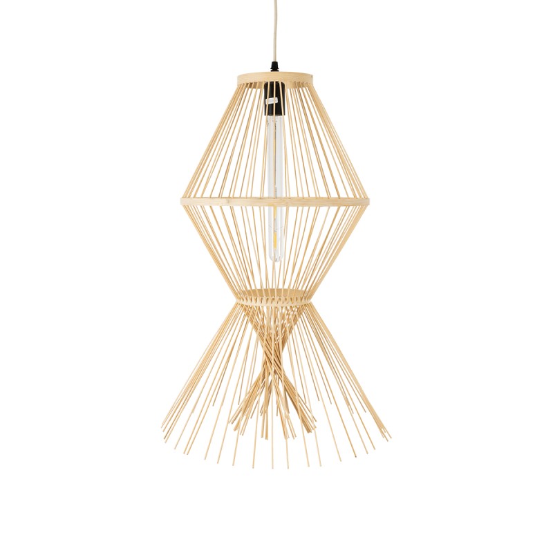 GloboStar® YOSHI 01928 Boho Κρεμαστό Φωτιστικό Πλέγμα Μονόφωτο 1 x E27 IP20 Μπεζ Ξύλο - Μ35 x Π35 x Υ60cm
