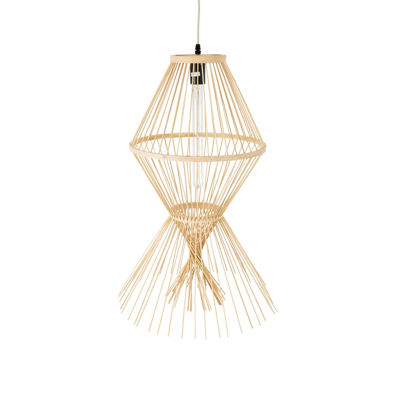 GloboStar® YOSHI 01928 Boho Κρεμαστό Φωτιστικό Πλέγμα Μονόφωτο 1 x E27 IP20 Μπεζ Ξύλο - Μ35 x Π35 x Υ60cm