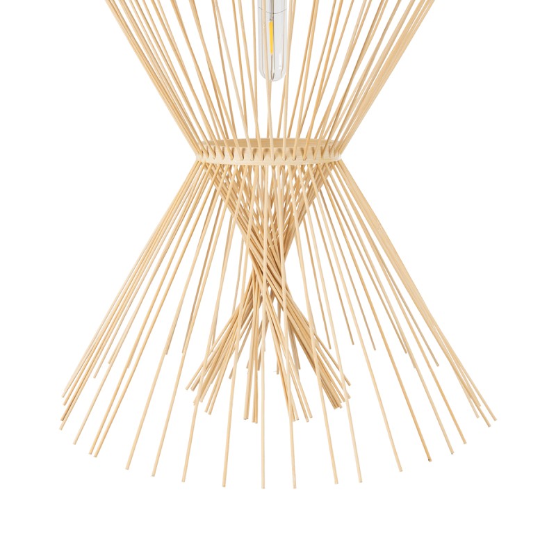 GloboStar® YOSHI 01928 Boho Κρεμαστό Φωτιστικό Πλέγμα Μονόφωτο 1 x E27 IP20 Μπεζ Ξύλο - Μ35 x Π35 x Υ60cm