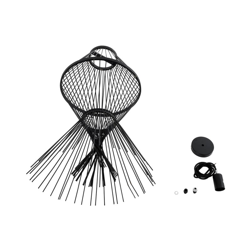 GloboStar® YOSHI 01929 Boho Κρεμαστό Φωτιστικό Πλέγμα Μονόφωτο 1 x E27 IP20 Μαύρο Ξύλο - Μ35 x Π35 x Υ60cm