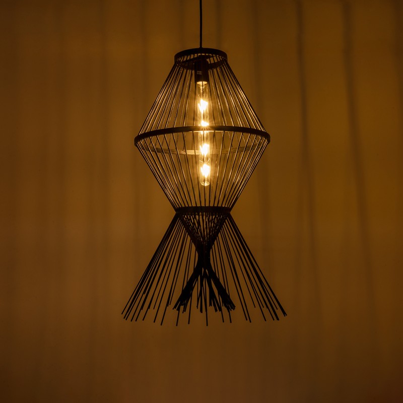 GloboStar® YOSHI 01929 Boho Κρεμαστό Φωτιστικό Πλέγμα Μονόφωτο 1 x E27 IP20 Μαύρο Ξύλο - Μ35 x Π35 x Υ60cm