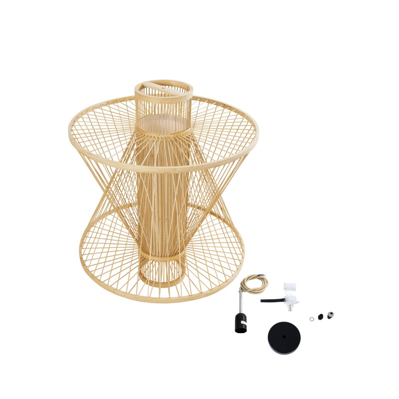 GloboStar® HIBISCUS 01931 Boho Κρεμαστό Φωτιστικό Πλέγμα Μονόφωτο 1 x E27 IP20 Μπεζ Ξύλο - Μ50 x Π50 x Υ60cm