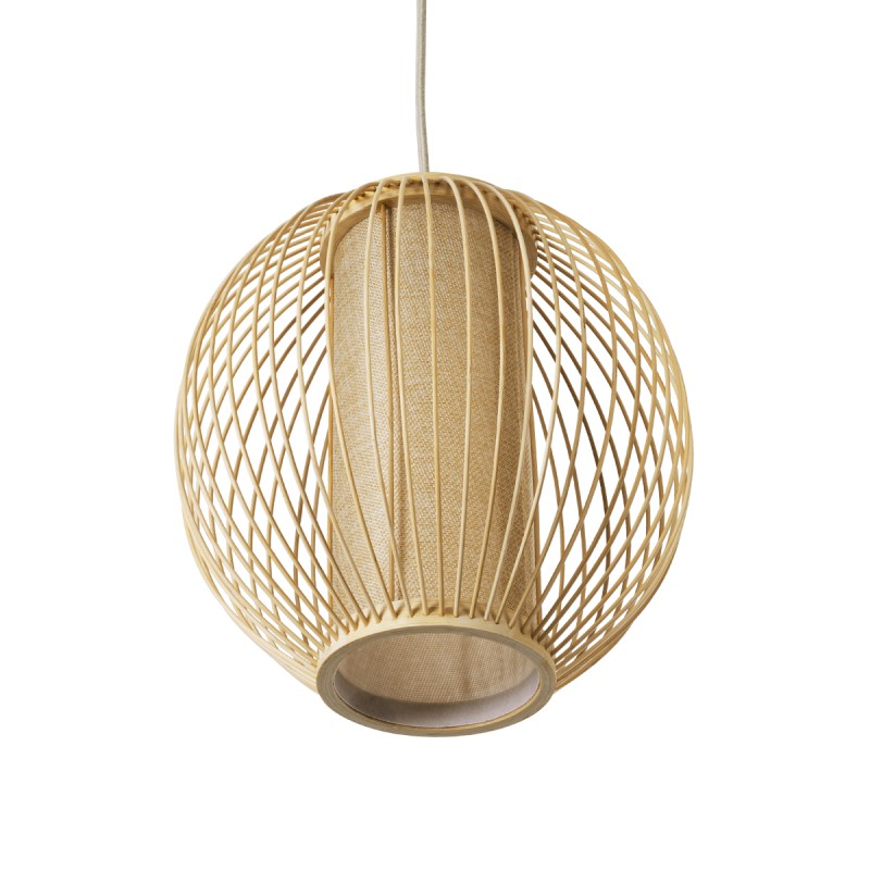 GloboStar® HIBISCUS 01934 Boho Κρεμαστό Φωτιστικό Πλέγμα Μονόφωτο 1 x E27 IP20 Μπεζ Ξύλο - Μ28 x Π28 x Υ28cm