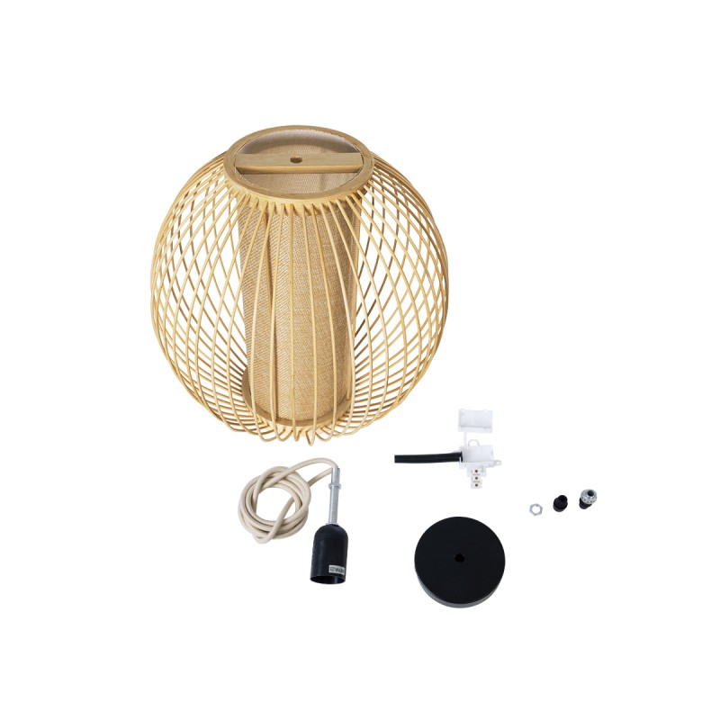 GloboStar® HIBISCUS 01934 Boho Κρεμαστό Φωτιστικό Πλέγμα Μονόφωτο 1 x E27 IP20 Μπεζ Ξύλο - Μ28 x Π28 x Υ28cm