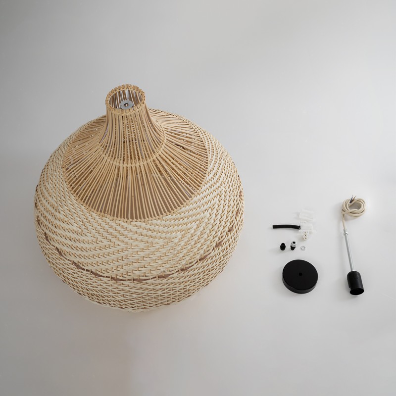 GloboStar® SANTACRUZ 01951 Boho Κρεμαστό Φωτιστικό Καμπάνα Μονόφωτο 1 x E27 IP20 Μπεζ & Καφέ Ξύλο - Μ60 x Π60 x Υ60cm