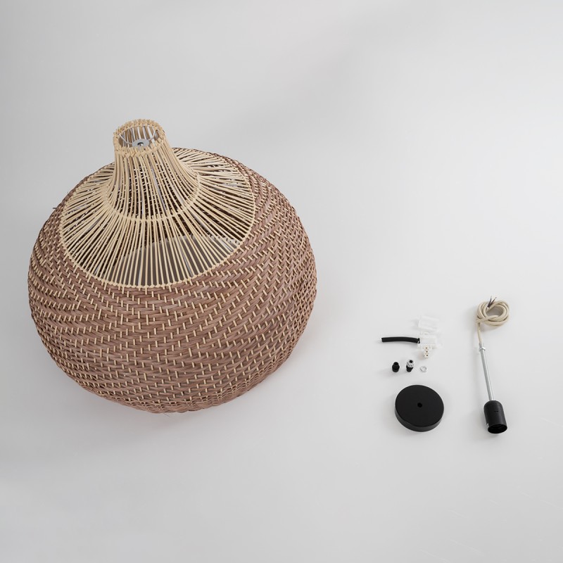 GloboStar® PANAMA 01953 Boho Κρεμαστό Φωτιστικό Καμπάνα Μονόφωτο 1 x E27 IP20 Καφέ & Μπεζ Ξύλο - Μ60 x Π60 x Υ60cm