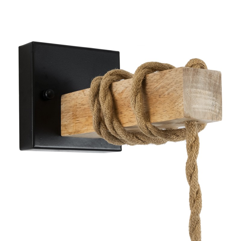GloboStar® BELLARIVA 01961 Boho Επιτοίχιο Φωτιστικό Απλίκα Μονόφωτο 1 x E27 IP20 Μαύρο Μέταλλο, Μπεζ Σχοινί με Μπεζ Ξύλο - Μ10 x Π30 x Υ43cm