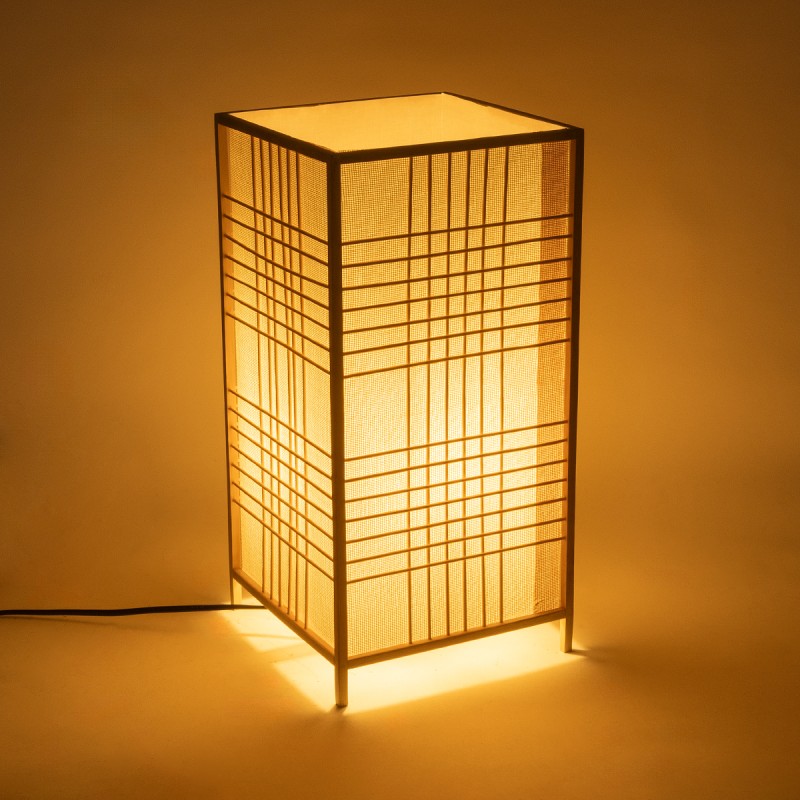 GloboStar® JUNIE 01997 Boho Επιτραπέζιο Φωτιστικό Πορτατίφ Μονόφωτο 1 x E27 AC220-240V IP20 - Μ20 x Π20 x Υ40cm - Μπεζ Ύφασμα με Μπεζ Ξύλινο Μπαμπού Πλέγμα