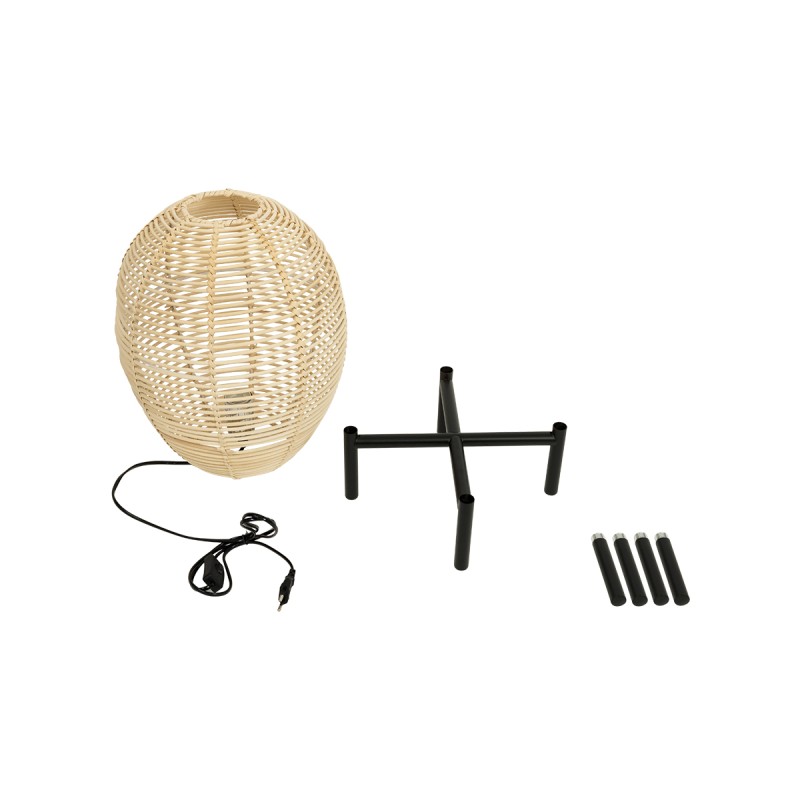 GloboStar® NERINA 02014 Boho Επιτραπέζιο Φωτιστικό Πορτατίφ Μονόφωτο 1 x E27 AC220-240V IP20 - Φ30 x Υ50cm - Μαύρο Μεταλλικό με Μπεζ Ρατάν Καπέλο Πλέγμα