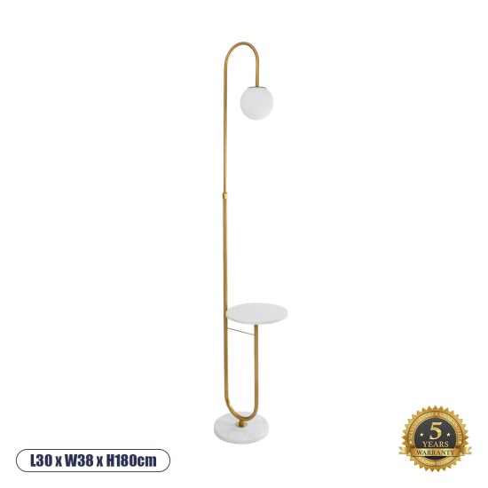 GloboStar® CORDELIA 02025 Μοντέρνο Επιδαπέδιο Φωτιστικό Μονόφωτο 1 x E27 IP20 Χρυσό Αλουμίνιο, Λευκό Γυαλί με Λευκό Μάρμαρο - Μ30 x Π38 x Υ180cm