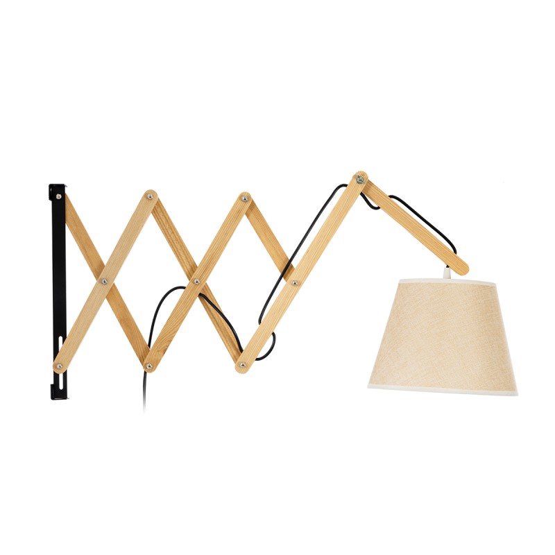 GloboStar® TALISHA 02028 Μοντέρνο Επιτοίχιο Φωτιστικό Απλίκα Μονόφωτο 1 x E27 IP20 Μπεζ Ξύλο με Μπεζ Ύφασμα - Μ100 x Π15 x Υ36cm