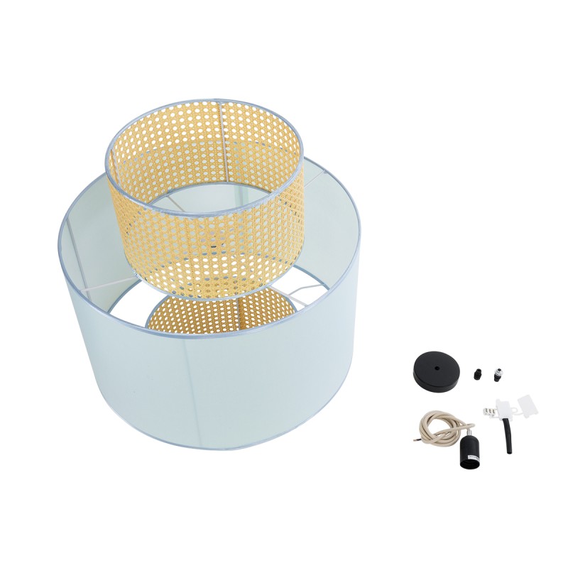 GloboStar® SAIGE 02045 Boho Κρεμαστό Φωτιστικό Πλέγμα Μονόφωτο 1 x E27 IP20 Μπεζ Ξύλο με Γαλάζιο Ύφασμα - Μ50 x Π50 x Υ60cm