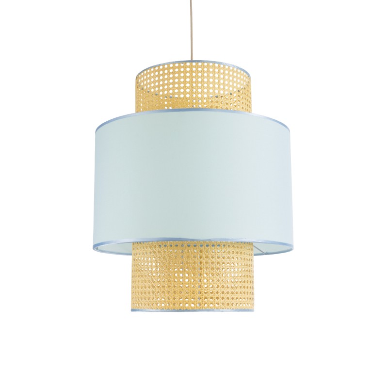 GloboStar® SAIGE 02045 Boho Κρεμαστό Φωτιστικό Πλέγμα Μονόφωτο 1 x E27 IP20 Μπεζ Ξύλο με Γαλάζιο Ύφασμα - Μ50 x Π50 x Υ60cm