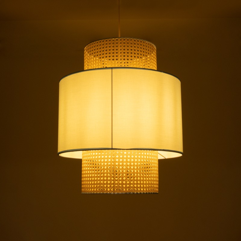 GloboStar® SAIGE 02045 Boho Κρεμαστό Φωτιστικό Πλέγμα Μονόφωτο 1 x E27 IP20 Μπεζ Ξύλο με Γαλάζιο Ύφασμα - Μ50 x Π50 x Υ60cm