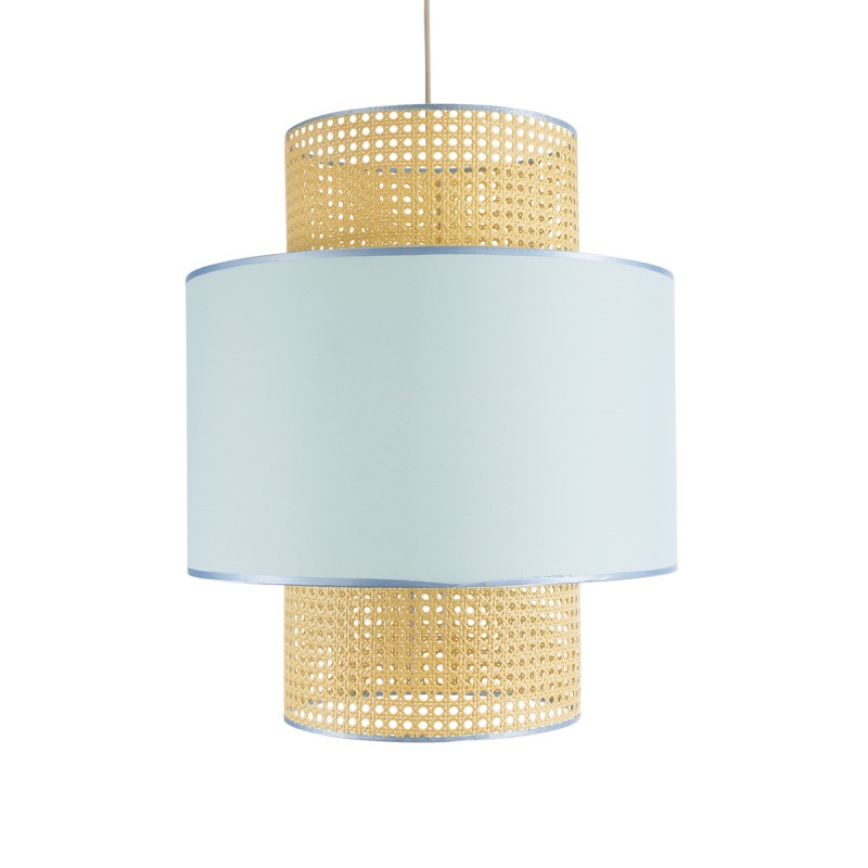 GloboStar® SAIGE 02045 Boho Κρεμαστό Φωτιστικό Πλέγμα Μονόφωτο 1 x E27 IP20 Μπεζ Ξύλο με Γαλάζιο Ύφασμα - Μ50 x Π50 x Υ60cm