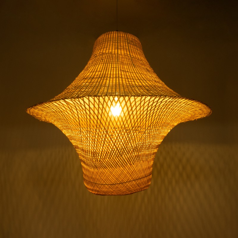 GloboStar® JUNIPER 02047 Boho Κρεμαστό Φωτιστικό Καμπάνα Μονόφωτο 1 x E27 IP20 Μπεζ Ξύλο - Μ100 x Π100 x Υ90cm