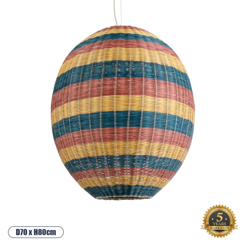 GloboStar® CABALLEROS 02066 Boho Κρεμαστό Φωτιστικό Πλέγμα Μονόφωτο 1 x E27 IP20 Πολύχρωμο Ξύλο - Μ70 x Π70 x Υ80cm