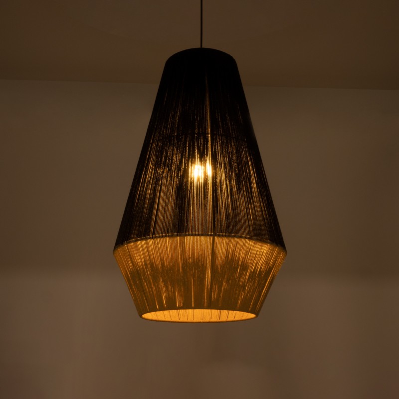 GloboStar® SALERNO 02080 Boho Κρεμαστό Φωτιστικό Πλέγμα Μονόφωτο 1 x E27 IP20 Μαύρο & Μπεζ Σχοινί - Μ50 x Π50 x Υ80cm