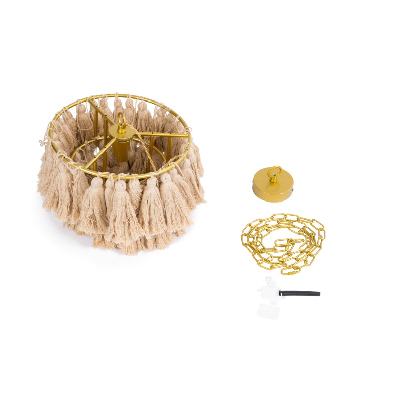 GloboStar® MISSOULA 02084 Boho Κρεμαστό Φωτιστικό Σχοινί Μονόφωτο 1 x E27 IP20 Μπεζ Ύφασμα με Χρυσό Μέταλλο - Μ30 x Π30 x Υ40cm