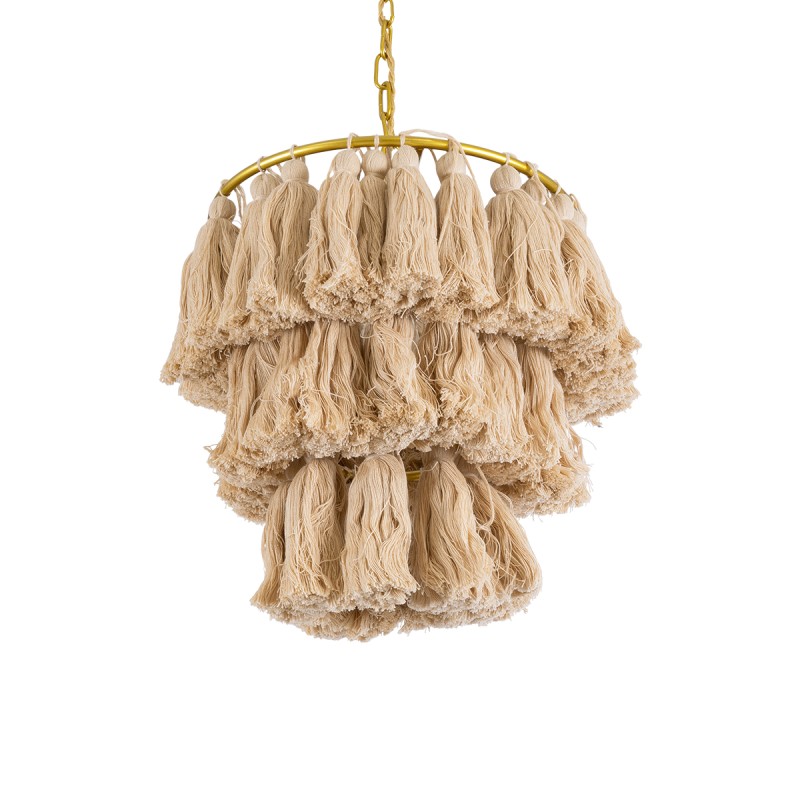 GloboStar® MISSOULA 02084 Boho Κρεμαστό Φωτιστικό Σχοινί Μονόφωτο 1 x E27 IP20 Μπεζ Ύφασμα με Χρυσό Μέταλλο - Μ30 x Π30 x Υ40cm