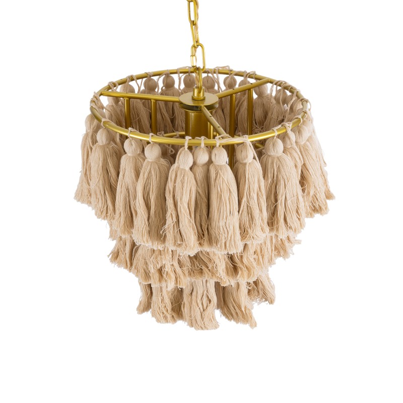 GloboStar® MISSOULA 02084 Boho Κρεμαστό Φωτιστικό Σχοινί Μονόφωτο 1 x E27 IP20 Μπεζ Ύφασμα με Χρυσό Μέταλλο - Μ30 x Π30 x Υ40cm