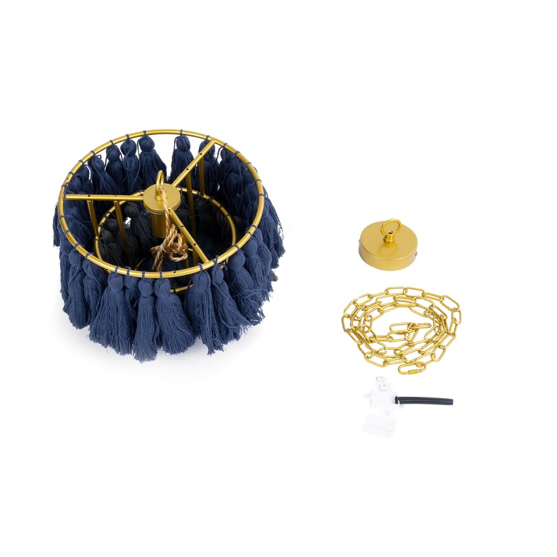 GloboStar® MISSOULA 02085 Boho Κρεμαστό Φωτιστικό Σχοινί Μονόφωτο 1 x E27 IP20 Μπλε & Μαύρο Ύφασμα με Χρυσό Μέταλλο - Μ30 x Π30 x Υ40cm