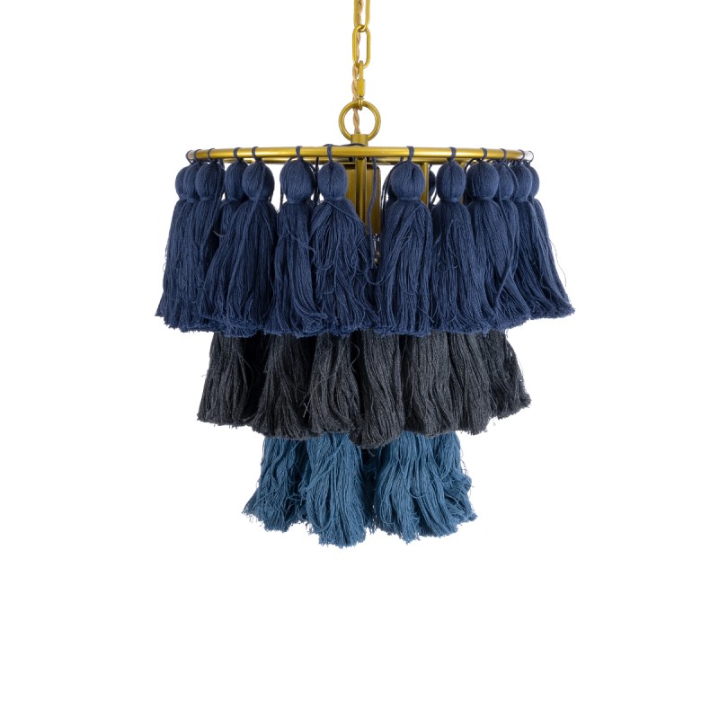 GloboStar® MISSOULA 02085 Boho Κρεμαστό Φωτιστικό Σχοινί Μονόφωτο 1 x E27 IP20 Μπλε & Μαύρο Ύφασμα με Χρυσό Μέταλλο - Μ30 x Π30 x Υ40cm