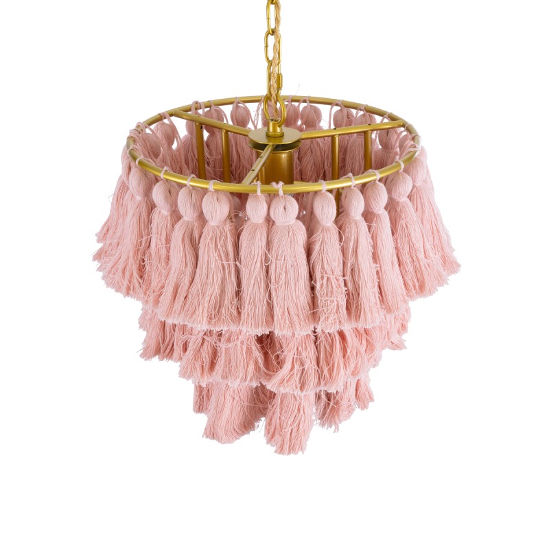 GloboStar® MISSOULA 02086 Boho Κρεμαστό Φωτιστικό Σχοινί Μονόφωτο 1 x E27 IP20 Ροζ Ύφασμα με Χρυσό Μέταλλο - Μ30 x Π30 x Υ40cm